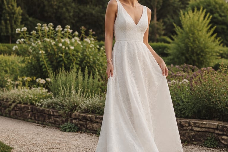 Uma noiva em um jardim, usando um vestido de casamento e sapatos baixos elegantes, em pose descontraída.