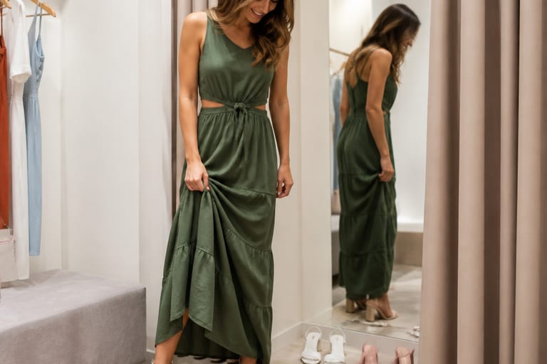 Uma mulher experimenta diferentes sapatos com um vestido longo casual em um provador bem iluminado.