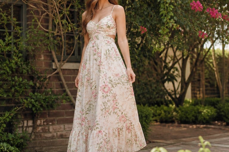 Uma mulher usa um vestido longo casual estampado em um jardim, com sapatos em tom neutro.