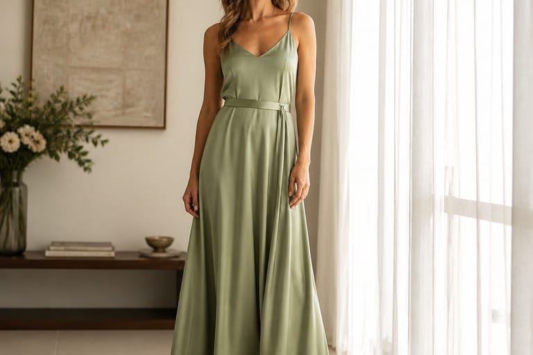 Uma mulher usa um vestido longo de seda e sapatos delicados em um ambiente interno bem iluminado.