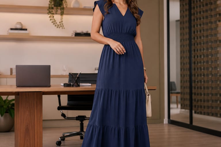 Uma mulher usa um vestido longo casual e sapatos de salto bloco em um ambiente de trabalho bem iluminado.
