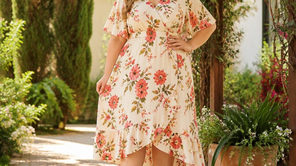 Uma mulher usa um vestido plus size florido em um jardim iluminado, com sapatos de salto alto, transmitindo confiança.