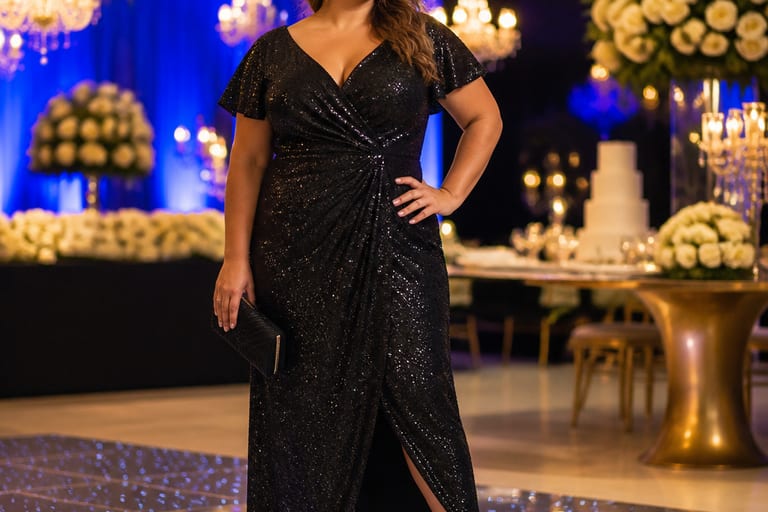 Vestido plus size em ambiente de festa, com luzes brilhantes e sapatos de salto alto pretos.