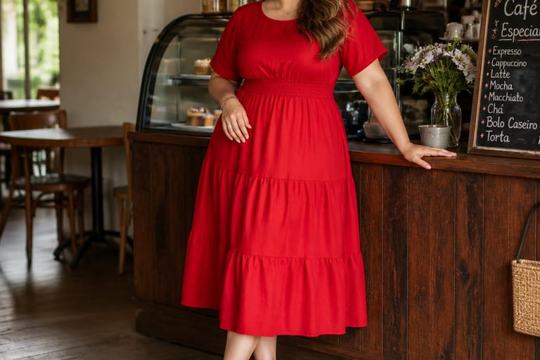 Mulher vestindo vestido plus size vermelho em café, com sapatos brancos.