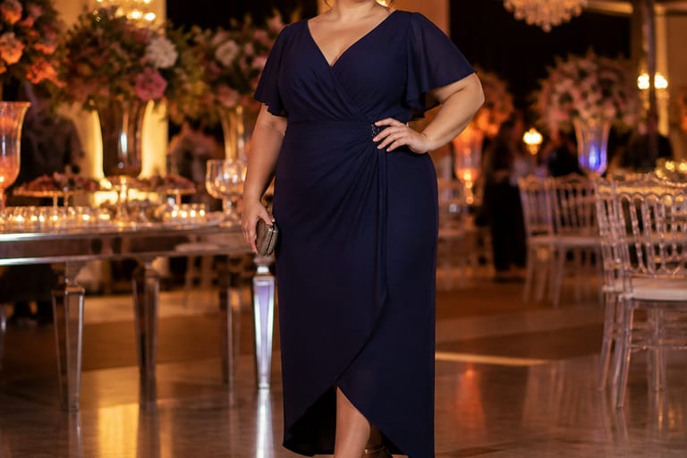 Uma mulher usa um vestido plus size em um salão de festas iluminado, destacando seu estilo com sapatos de salto alto.