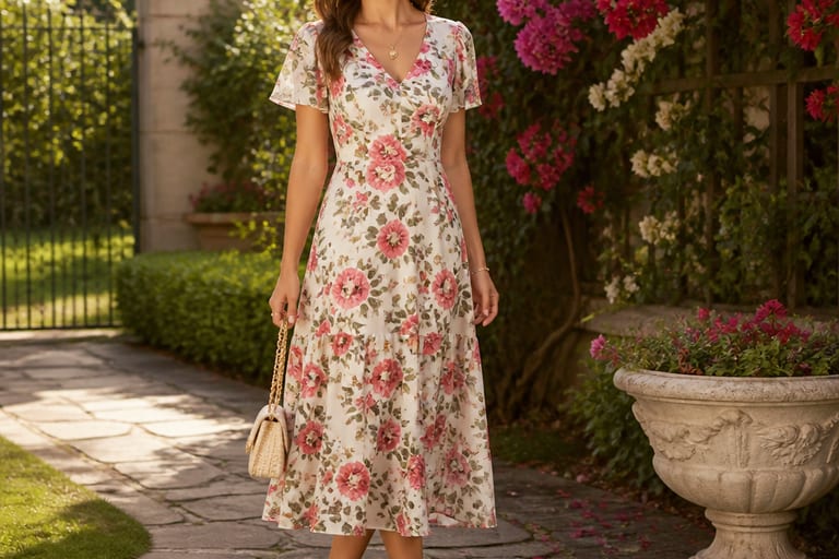 Uma mulher usa um vestido midi floral em um jardim iluminado, com flores coloridas ao fundo.