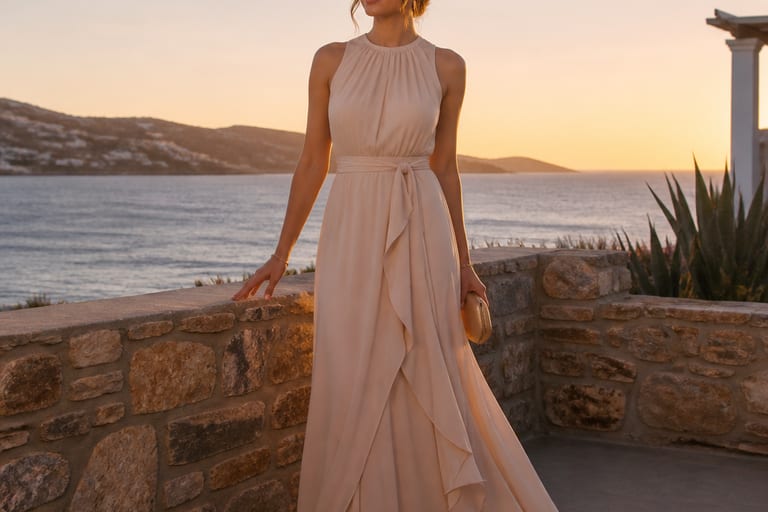 Vestido longo de crepe em ambiente externo ao pôr do sol, destacando caimento e detalhes.