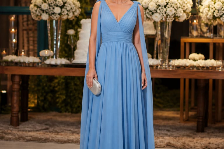 Vestido longo azul serenity em ambiente de cerimônia, com decoração elegante ao fundo.