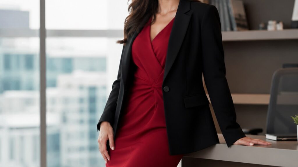 Uma mulher usa um blazer preto sobre um vestido midi vermelho em um escritório bem iluminado, demonstrando uma pose confiante.