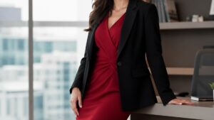 Uma mulher usa um blazer preto sobre um vestido midi vermelho em um escritório bem iluminado, demonstrando uma pose confiante.