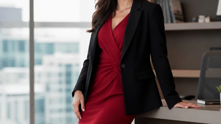 Uma mulher usa um blazer preto sobre um vestido midi vermelho em um escritório bem iluminado, demonstrando uma pose confiante.