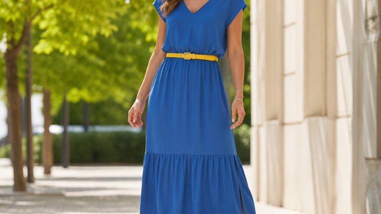 Mulher sorrindo em vestido midi azul com cinto amarelo, em ambiente externo iluminado, com árvores ao fundo.