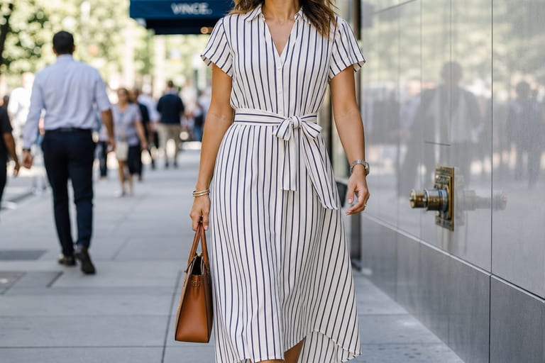 Mulher usando vestido midi listrado com cinto, caminhando em calçada urbana.