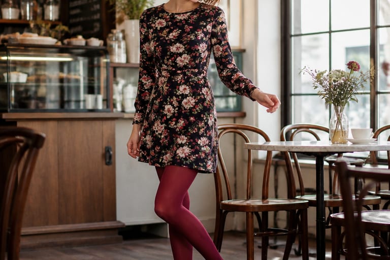 Uma mulher está em um café, usando um vestido curto floral com meia calça colorida, sapatilhas e brincos delicados, em um ambiente iluminado pela luz da manhã.