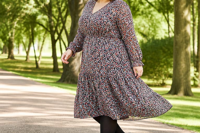 Uma mulher plus size está em um parque, usando um vestido longo estampado, meia calça opaca e sapatilhas, com pose alegre.
