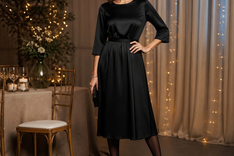 Mulher em festa usando vestido longo de seda, meia calça preta e sapatos de salto, em ambiente com luzes suaves.
