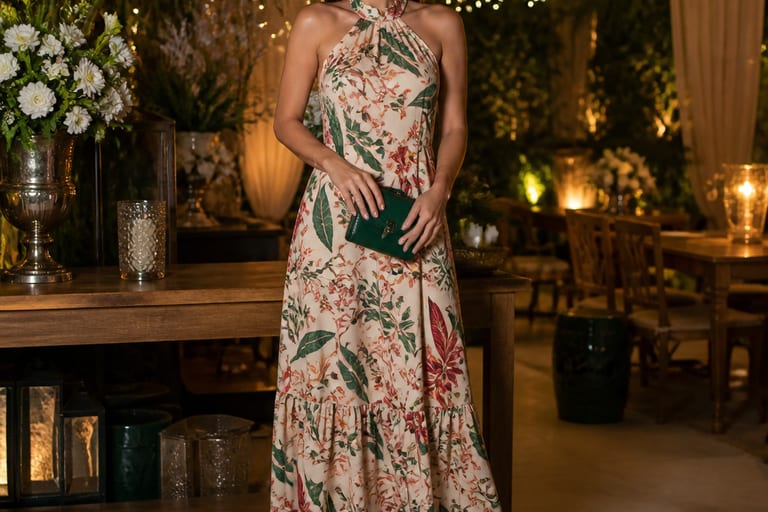 Uma mulher usa um vestido longo estampado e sandálias coloridas em um ambiente festivo iluminado por luzes suaves.