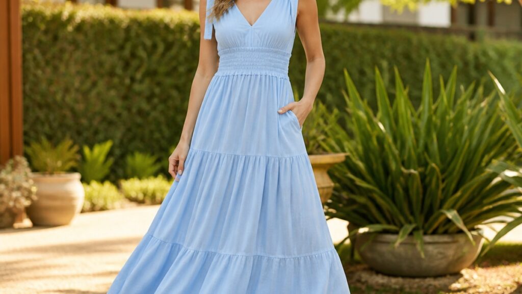 Mulher elegante em vestido longo azul claro em jardim.