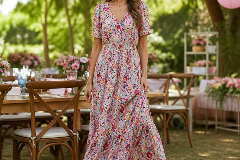 Uma mulher usa um vestido longo floral e sapatenis brancos em uma festa ao ar livre, com decoração festiva ao fundo.