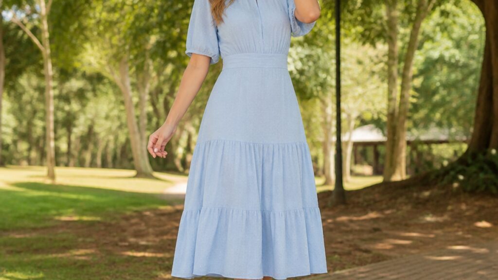 Uma mulher usa um vestido midi azul claro e sapatos nude em um parque, cercada por árvores e luz natural.