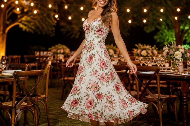 Mulher usando vestido floral e sapato nude em festa ao ar livre, com mesas decoradas e luzes penduradas.
