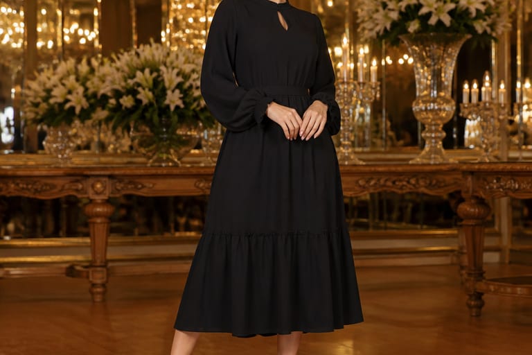 Mulher em vestido longo preto e sapato nude em ambiente de gala.