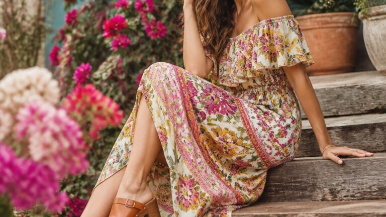 Mulher elegante em vestido floral e tamancos de madeira em ambiente externo com flores ao fundo.