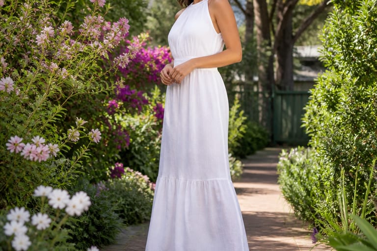 Uma mulher usa um vestido longo de linho branco e tamancos de salto em um jardim florido.