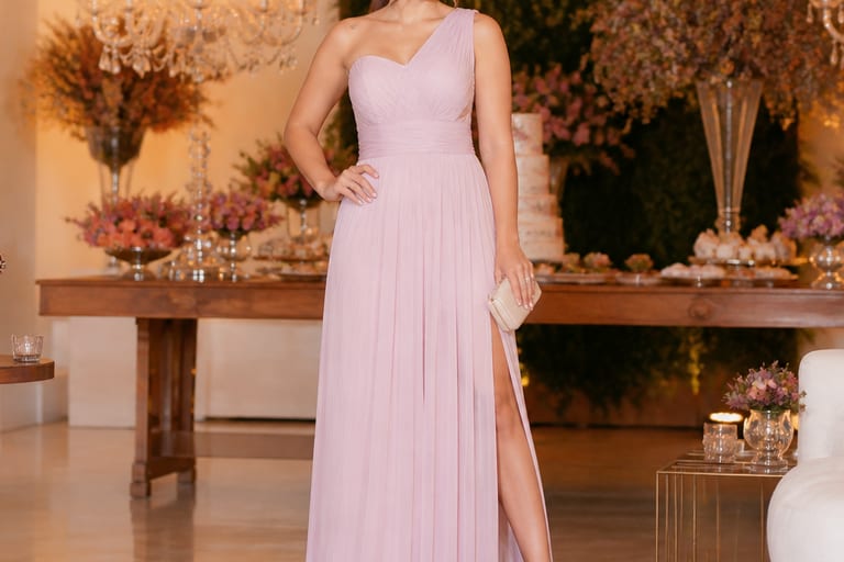 Mulher em vestido longo pastel e tamancos altos em salão decorado.