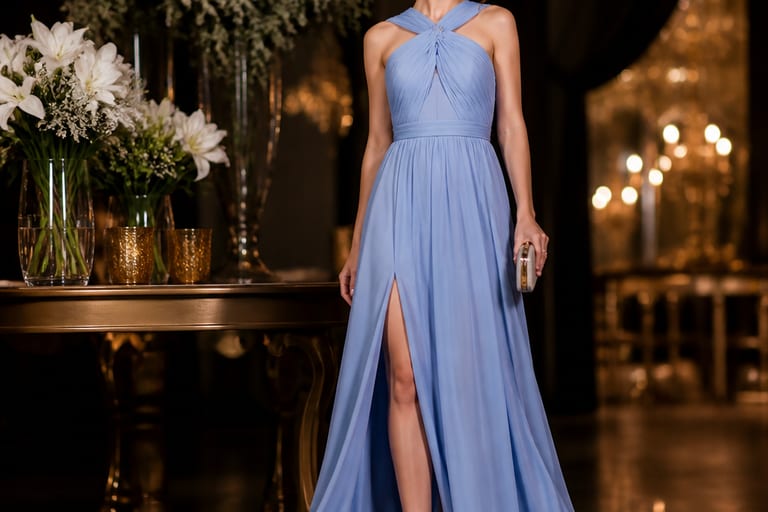 Mulher usando vestido azul serenity em festa, com sapatos de couro.