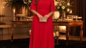 Mulher elegante em vestido vermelho, com maquiagem glamourosa e acessórios sofisticados, em um salão de festas decorado.