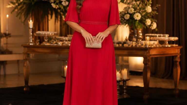 Mulher elegante em vestido vermelho, com maquiagem glamourosa e acessórios sofisticados, em um salão de festas decorado.