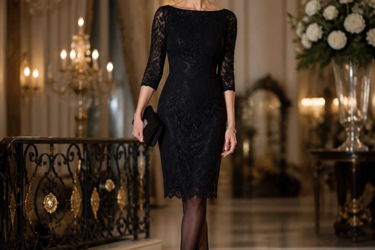 Uma mulher em vestido de festa e meia calça, rodeada por decoração sofisticada e luz suave.