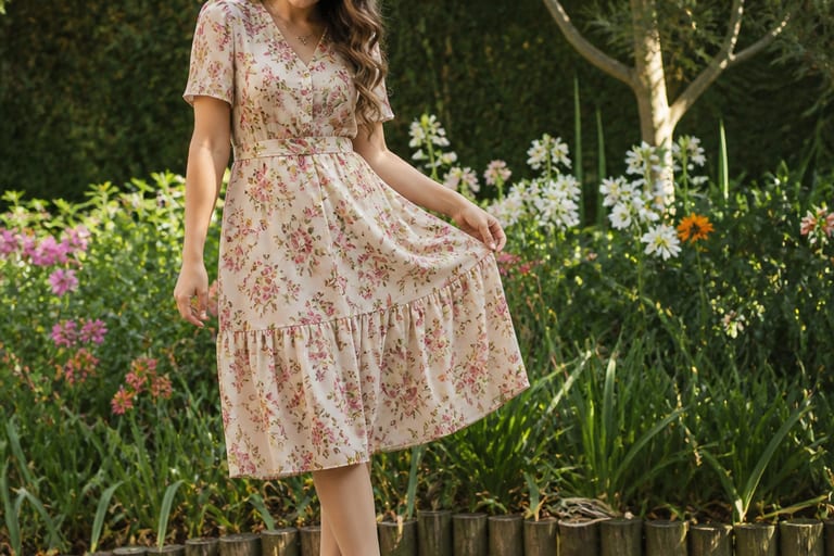 Mulher em vestido midi floral e meia calça nude em um jardim.