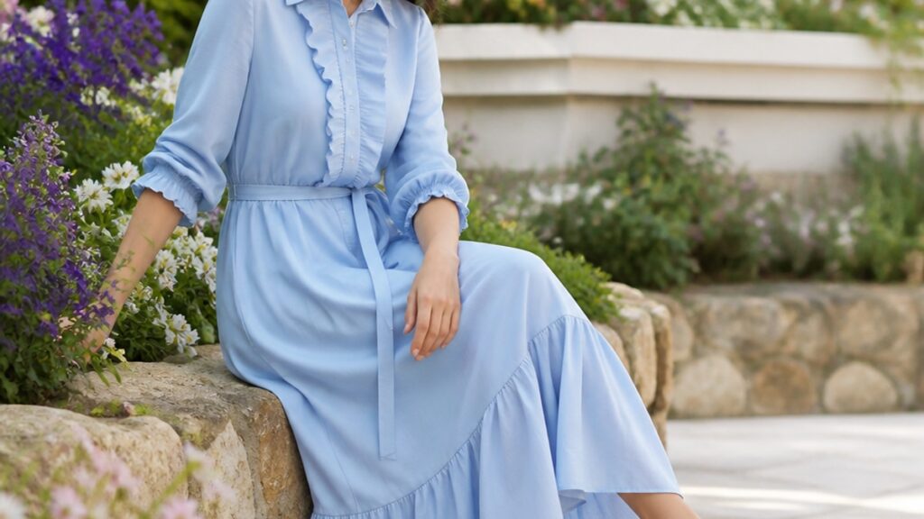 Uma mulher elegante usa um vestido longo azul serenity e mocassim em um jardim florido.