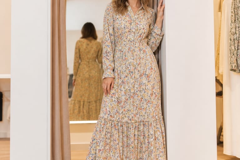 Mulher posando em um provador, vestindo um vestido longo floral e mocassim.