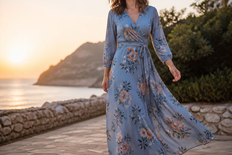 Mulher em vestido longo azul serenity com estampas florais e mocassim, em ambiente externo ao pôr do sol.