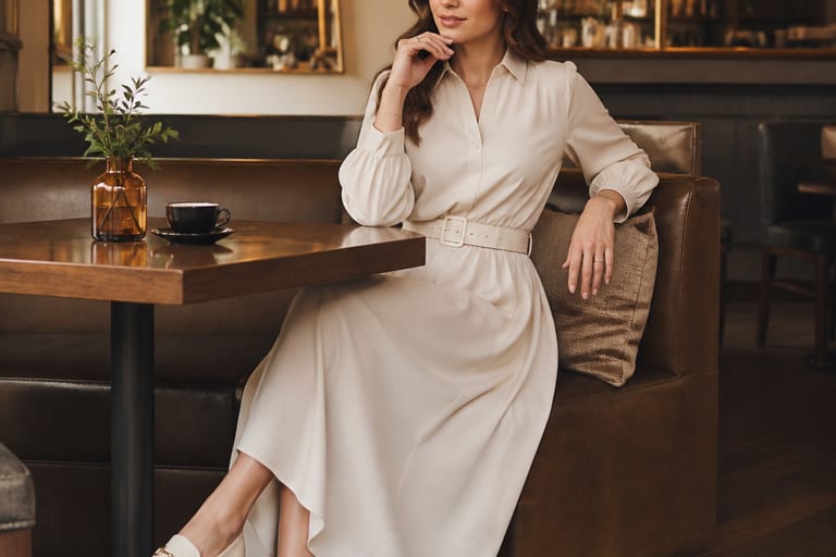 Mulher posando em um café, usando vestido longo com cinto e mocassim, rodeada por uma mesa e ambiente iluminado.