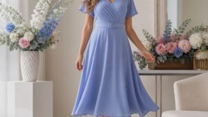 Uma mulher elegante usa um vestido midi azul serenity em um ambiente iluminado, com flores ao fundo.