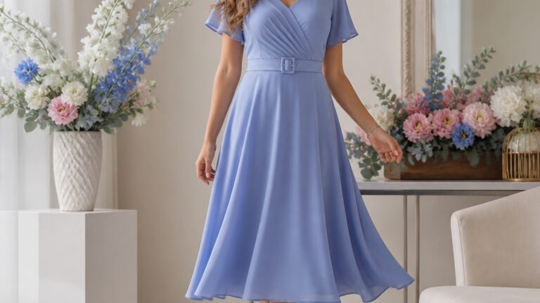 Uma mulher elegante usa um vestido midi azul serenity em um ambiente iluminado, com flores ao fundo.