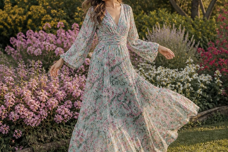 Uma mulher usa um vestido longo floral em um jardim ensolarado, cercada por flores coloridas.