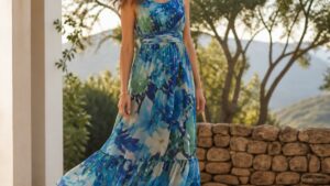 Mulher elegante em vestido longo estampado em azul e verde, usando rasteirinhas brancas, em ambiente externo com árvores ao fundo.