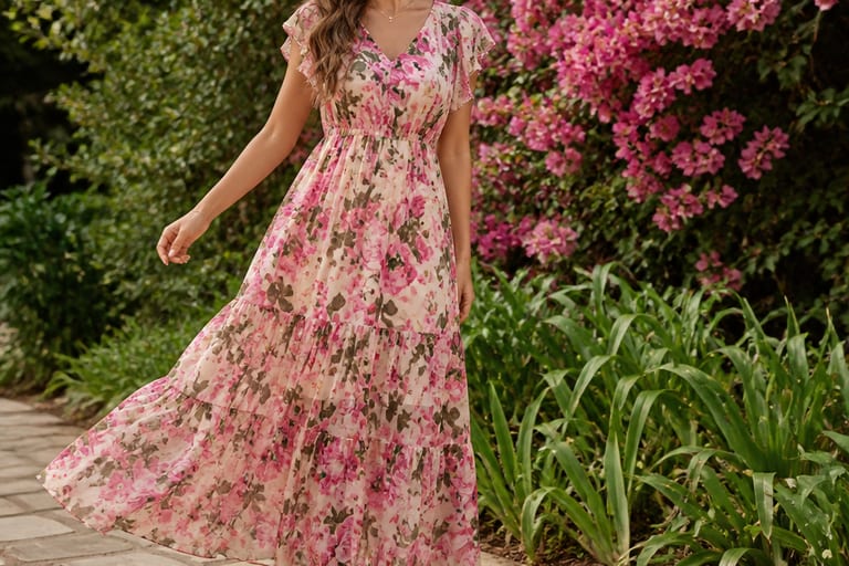 Uma mulher usa um vestido longo floral em um jardim, com flores ao fundo.