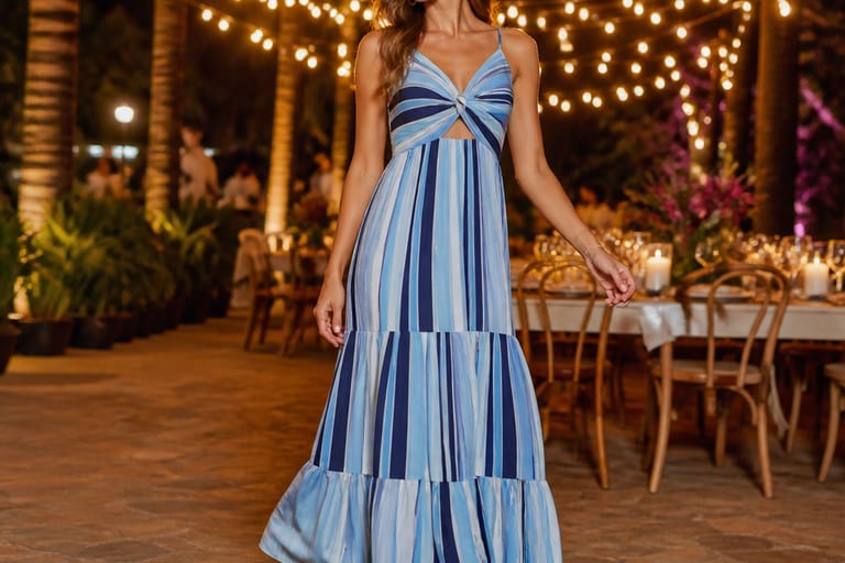Mulher em vestido longo listrado azul e branco, usando rasteirinhas pretas em festa ao ar livre, com luzes decorativas ao fundo.