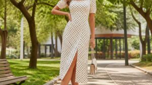 Mulher usando vestido de poá e sandálias em parque.