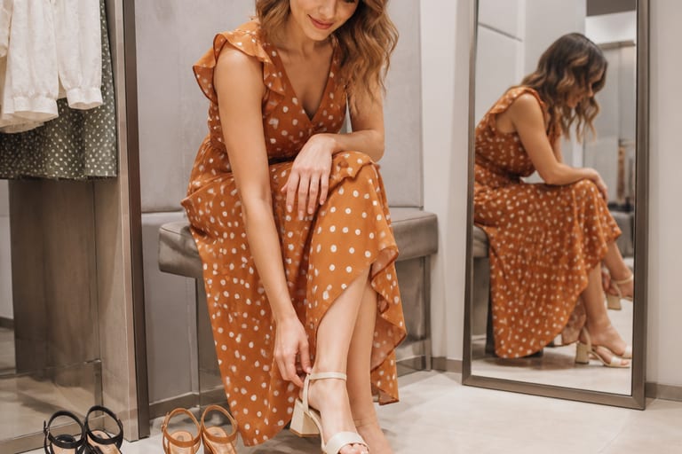Uma mulher experimenta diferentes modelos de sandálias em um provador, vestindo um vestido de poá.