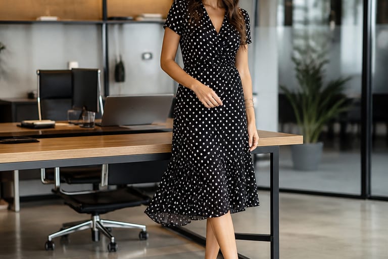 Mulher usando vestido de poá e sandálias elegantes em um escritório moderno.
