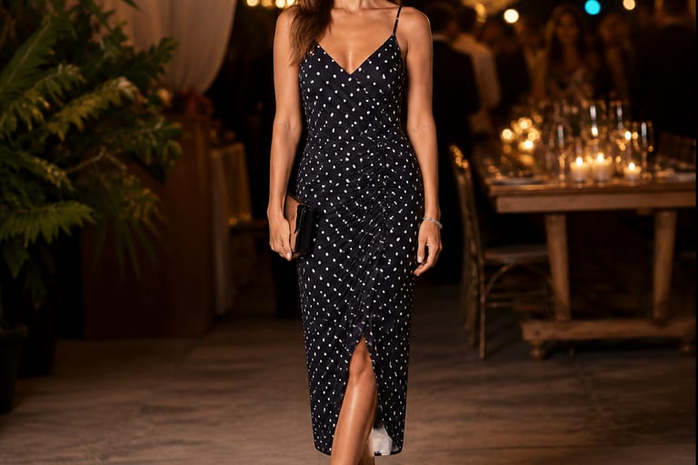 Mulher usando vestido de poá com sandálias elegantes em ambiente festivo.