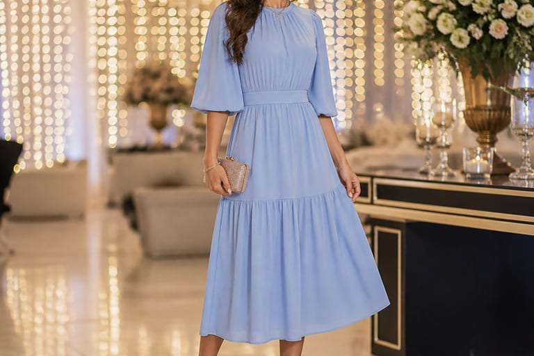 Vestido longo azul serenity e sandálias plataforma em festa.