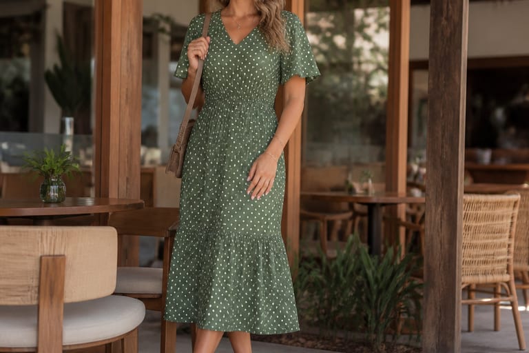 Uma mulher usa um vestido midi com sandálias plataforma em um café, sorrindo de forma relaxada.